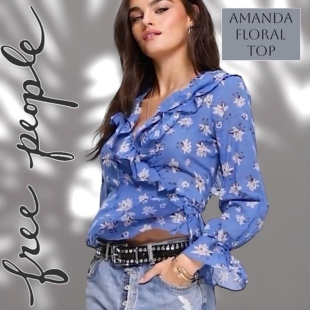 FREE PEOPLE Amanda Ruffle Detail Wrap-Style Cotton Blouse NWT/Blue Floral/Sm